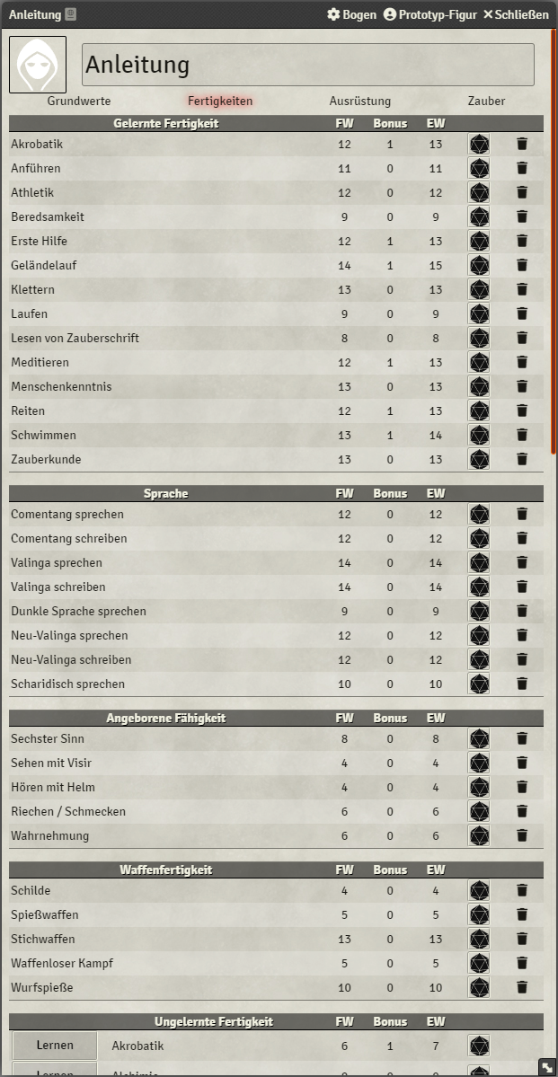 Charakterbogen Fertigkeiten