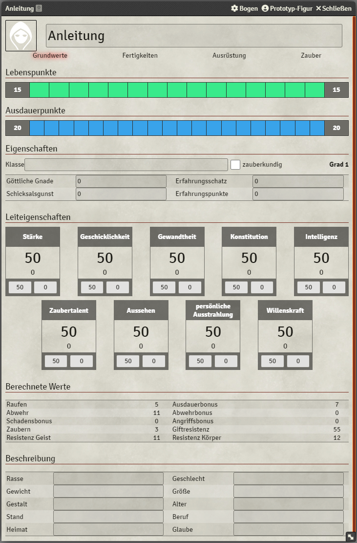 Charakterbogen Hauptseite