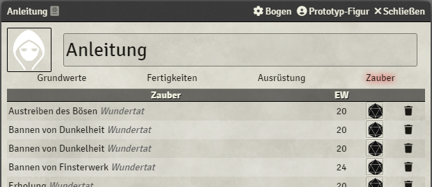 Charakterbogen Fertigkeiten