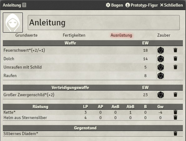 Charakterbogen Fertigkeiten
