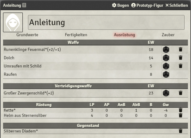 Charakterbogen Fertigkeiten